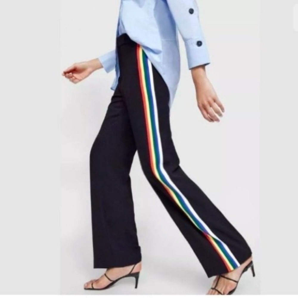 Zara Woman Black Rainbow Side Stripe Wide Leg Trousers Pants Small